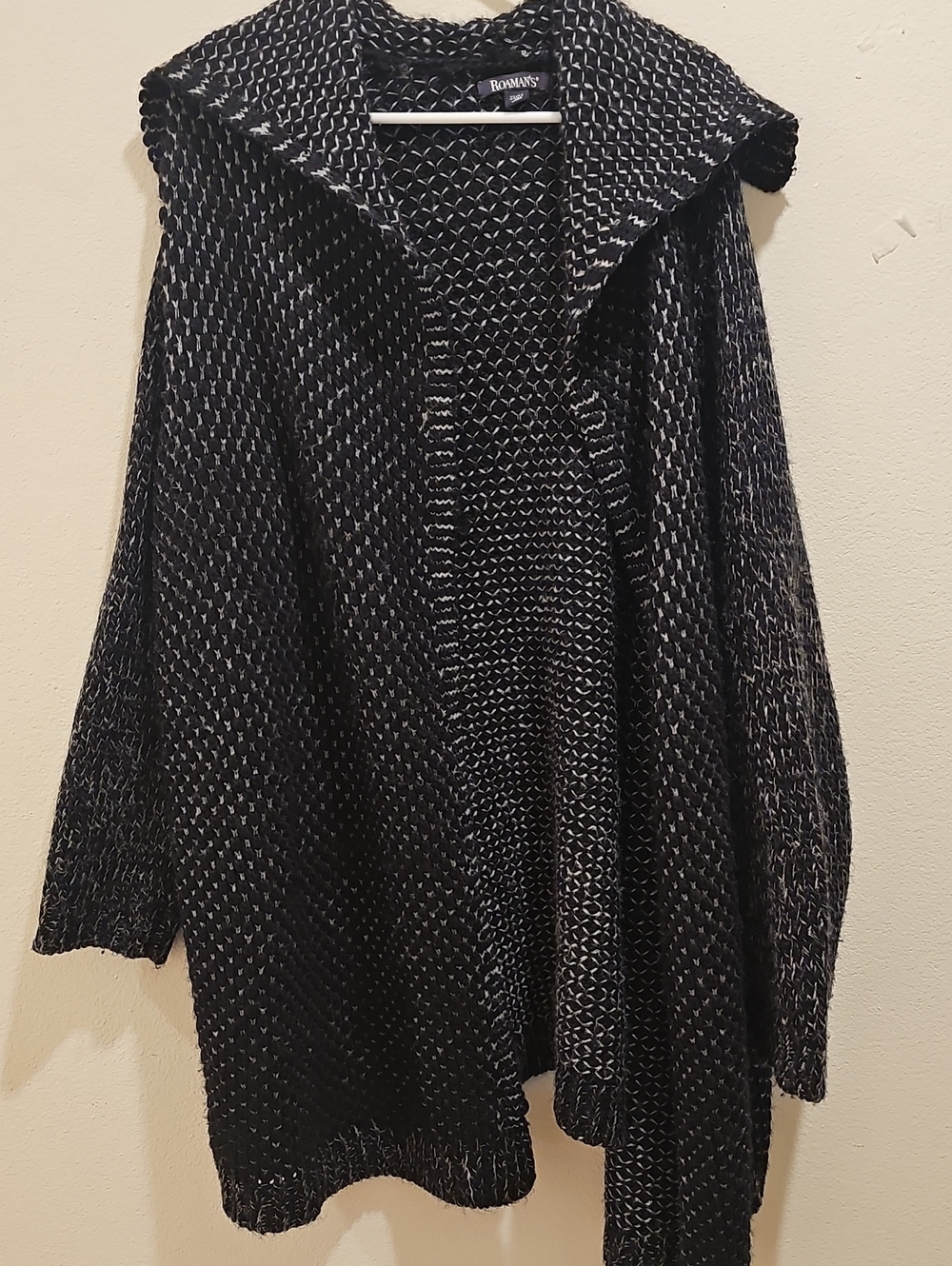 Roaman's Black and White Open-Front Hooded Cardigan